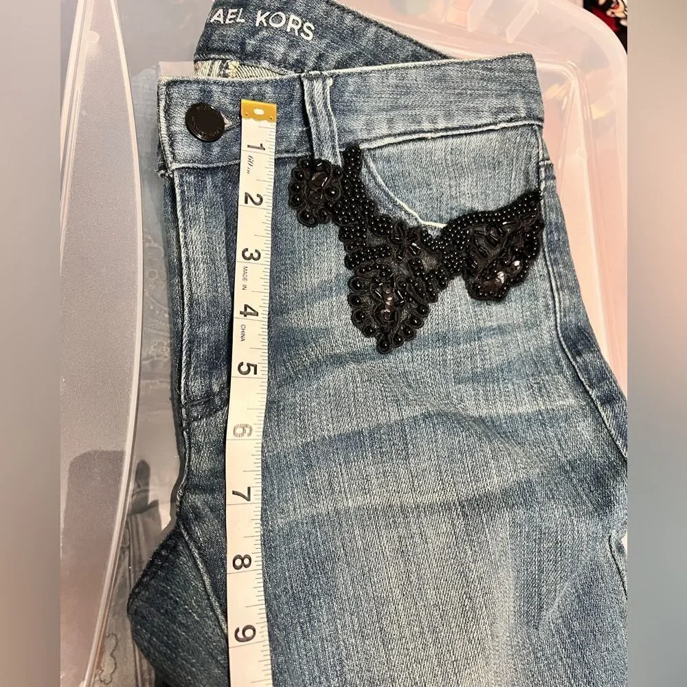 Michael Kors Blue Skinny Denim Jeans Embroidered Aplique Rare Sz 2